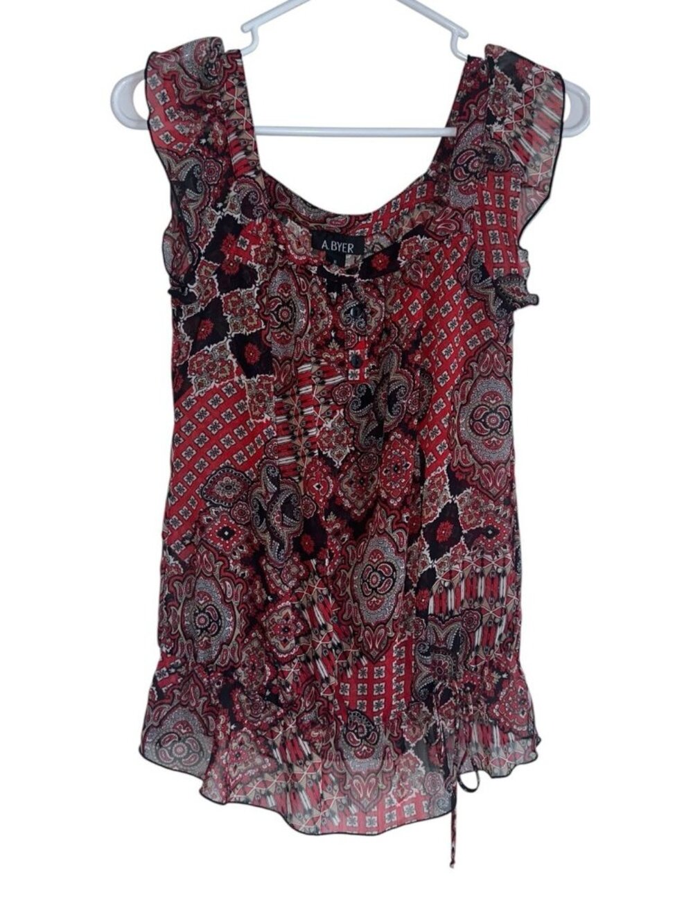 Y2K A. Byer Womens Sheer Peplum  Top Sz S Red Black Medallion Fairy Boho Hippie